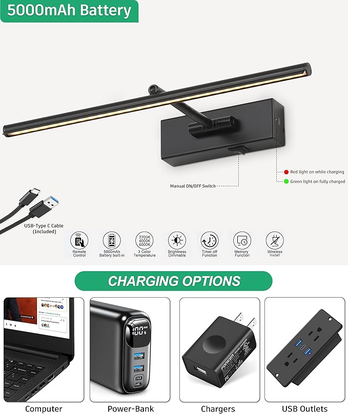 Battery Operated Picture Light with Wireless Remote 3CCT Dimmable Black Wall Art Lights for Paintings 3 Colors Rechargeable home decor Gallery Light 16’‘ Artwork Lighting for Canvas Timer Function
