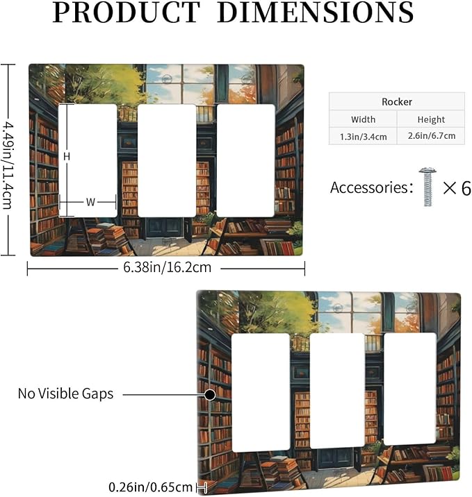 Library With A Lot Of Books 3 Gang Rocker Triple Outlet Wall Plate Decorative Switchplate Cover Faceplate GFCI Light Switch Covers for Farmhouse Living Decor