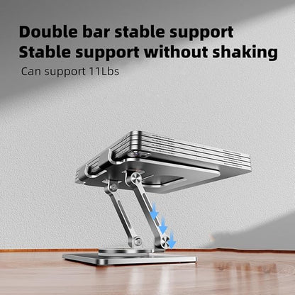 iPad Holder Stand, Tablet Holder with Thickened 360° Rotating Base Dual Rod Adjustable Aluminum Stand for All 4-12.9’’ iPad Surface Samsung Phone Tablet Kindle E-Reader and More, Silver