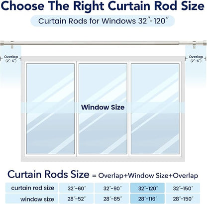 2 Pack Curtain Rods for Windows 66 to 120 Inch(5.5-10ft), 1 Inch Brushed Nickel Curtain Rods Set, Adjustable Extra Long Curtain Rod, Heavy Duty Outdoor Drapery Rods for Patio, Size 32"- 120"