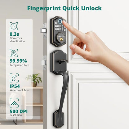 DS10 Keyless Entry Door Lock with Handle Set - Fingerprint Deadbolt, Electronic Keypad Deadbolt, Smart Locks for Front Door, Auto-Lock & One Touch Locking - Oil Rubbed Bronze