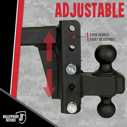 BulletProof Hitches - 2.0" Adjustable Heavy Duty Trailer Hitch (22,000 lb. Rating) - 4" Drop/Rise Trailer Hitch with 2" & 2-5/16" Dual Ball - Powder Coat, Solid Steel, Corrosion-Resistant