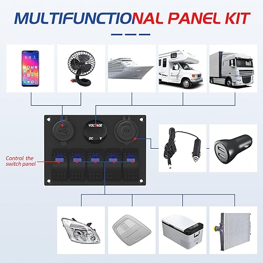 Marine Switch Panel Waterproof 12 Volt 5 Gang Rocker Switch Panel Blue Lighted with Dual USB Socket 4.8A & 12V LED Voltmeter & Cigarette Lighter Socket for Marine Boat Car RV Truck