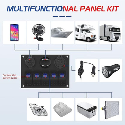 Marine Switch Panel Waterproof 12 Volt 5 Gang Rocker Switch Panel Blue Lighted with Dual USB Socket 4.8A & 12V LED Voltmeter & Cigarette Lighter Socket for Marine Boat Car RV Truck