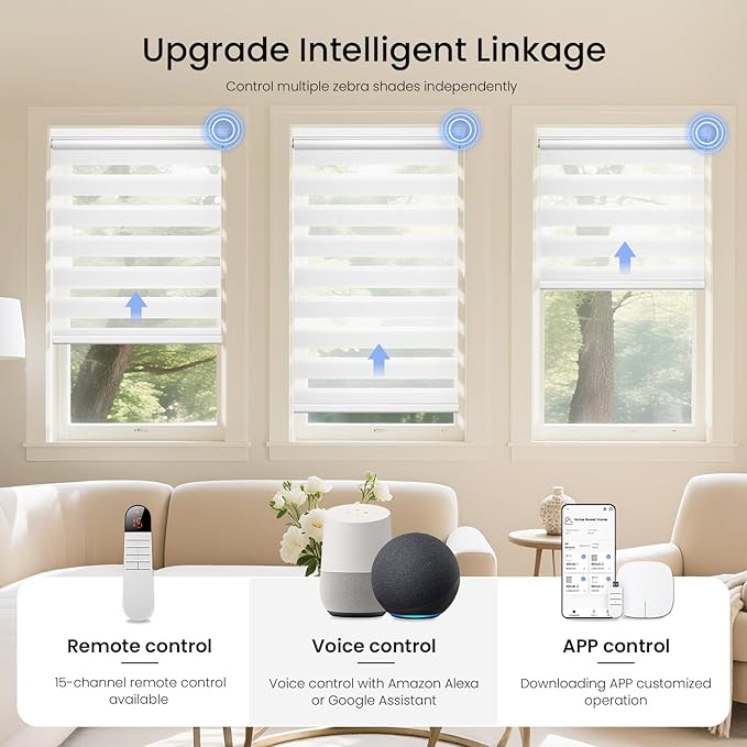 Grandekor Motorized Zebra Blinds with Remote Control,Smart Zebra Blinds for Windows,Electric Zebra Shades, White,46" W x 72" H