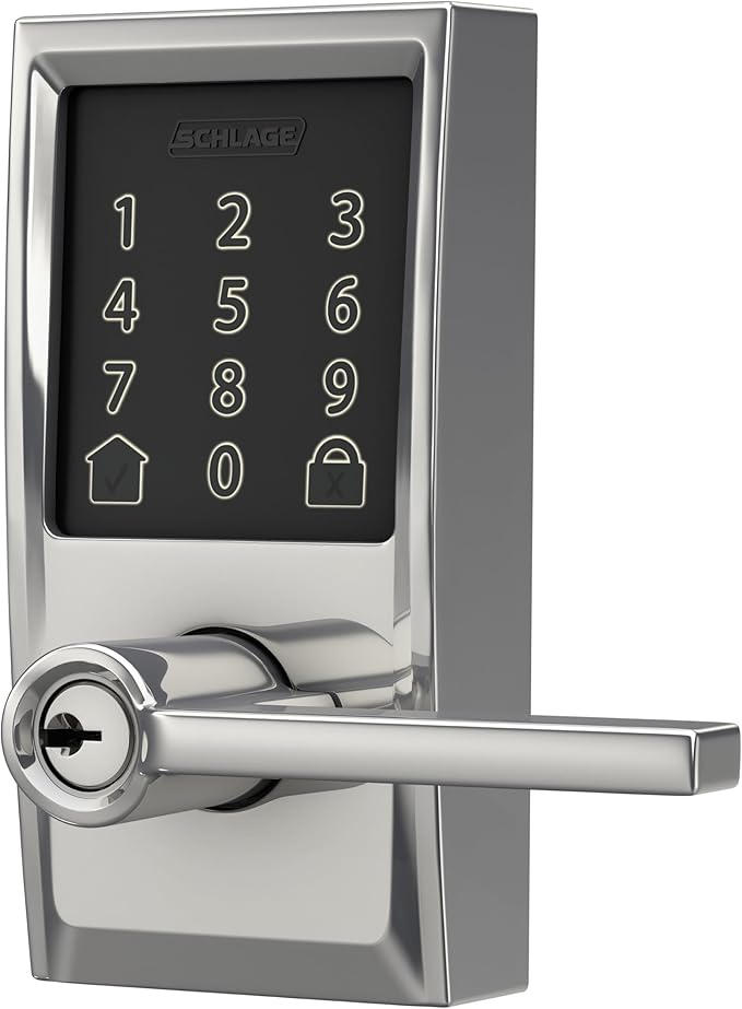 Schlage FE789WBCEN625LAT Encode Century WiFi Latitude Lever Smart Keyless Entry Touchscreen Door Lock, Bright Chrome