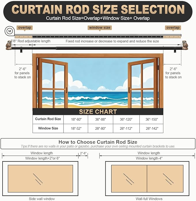 2 Pack Vintage Decorative Black Curtain Rods for Windows 28 to 48 Inch Adjustable Heavy Duty 1'' Diameter Curtain Rod with Owl Finials for Bedroom Living Room Kitchen Farmhouse (18-60'')