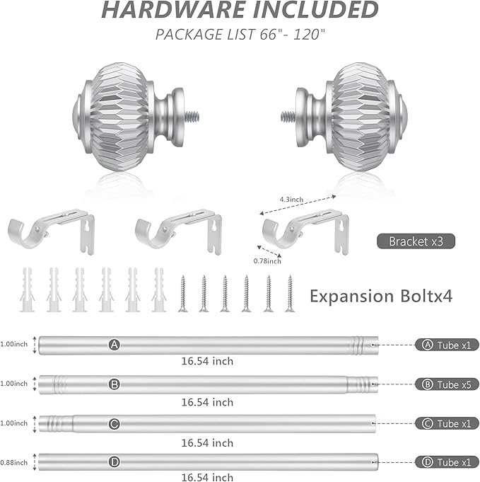 Silver Curtain Rods for Windows 66 to 120 Inches 1 Inch Adjustable Heavy Duty Curtain Rods with Lantern Ball Finials,Window Treatment Single Curtain Rod Set
