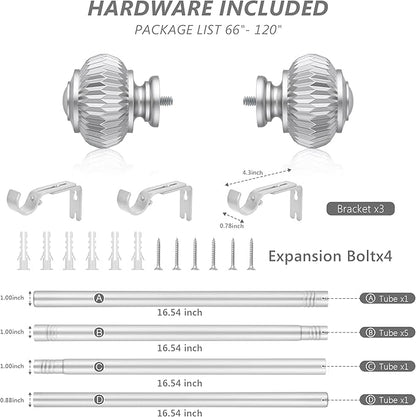 Silver Curtain Rods for Windows 66 to 120 Inches 1 Inch Adjustable Heavy Duty Curtain Rods with Lantern Ball Finials,Window Treatment Single Curtain Rod Set