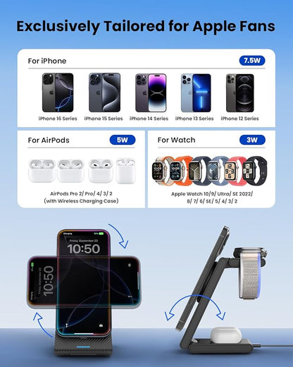 3 in 1 Wireless Charging Station, Foldable Magnetic Wireless Charger Stand for Multiple Devices, Wireless Charger for iPhone 16/15/14/13/12, Apple Watch 9/8/7/6/SE/5/4/3/2, AirPods 3/2/Pro