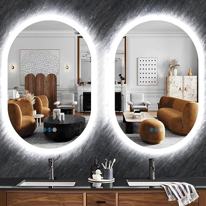 40 x 20 Inch Oval Backlit Mirror 3 Color Adjustable Brightness Backlits Oval Lighted Vanity Mirror for Bathroom Wall Horizontal Vertical Mount Antifog 40" Frameless LED Backlit Ovals Mirrors