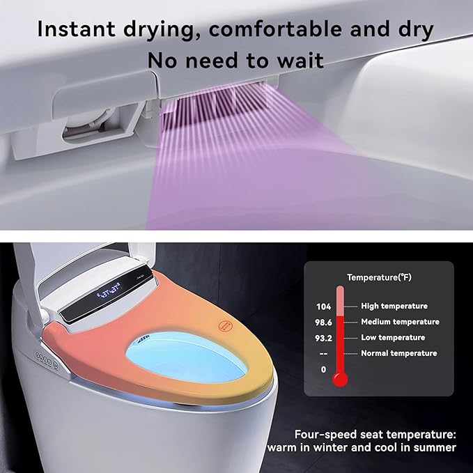 Smart Toilet with Built-in Bidet, Tankless Toilets for Bathroom, Instant Warm Water Sprayer and Dryer, Heated Seat toilet with LED Display