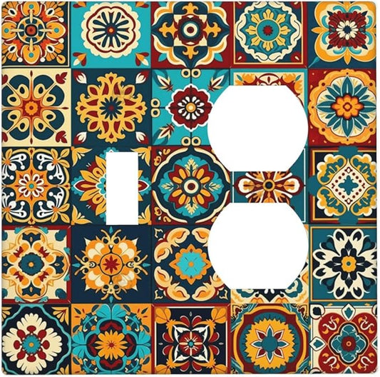 Mexican Talavera Ceramic Tile Moroccan Boho Wallplates 1 Toggle 1 Duplex Switch Plate Electrical GFCI Faceplate Decorative Light Switch Covers for Bathroom Kitchen Decor