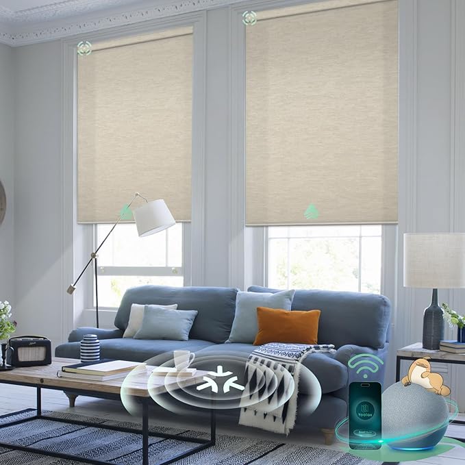 Yoolax Smart Blinds, Motorized Matter Roller Shades Light Filtering Automatic Blinds for Windows Motorized Shades Compatible with Alexa, Google Home, Homekit(Half Shading Jacquard Coffee)