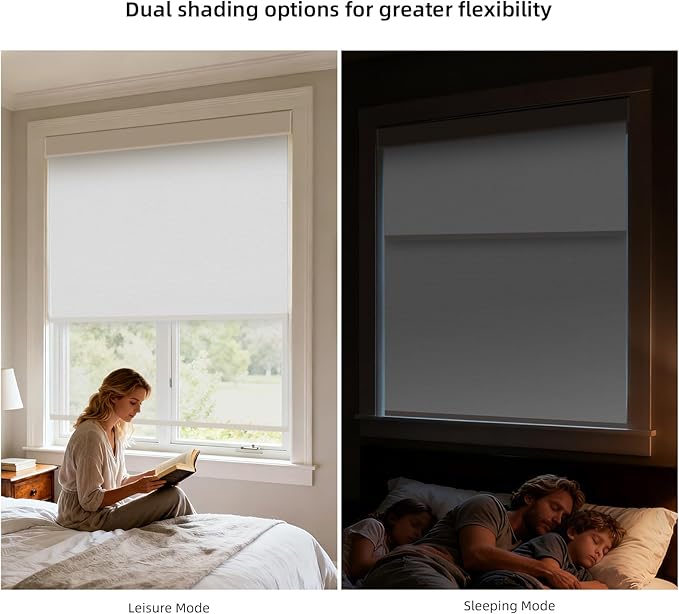 ZSTARR Motorized Day and Night Dual Smart Blind for Window with Valance Rechargeable Motor,Blackout Roller Shade Custom Size,with Valance Suitable for Home,Office (Full Blackout Pure White)