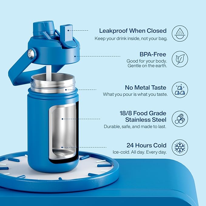 Kids Insualated Water Bottle with Straw - 12oz Stainless Steel Water Bottle with Dual Spouts, Leak-Proof, BPA-Free, Double Wall Vacuum Keeps Cold for 24 Hours for Sports, Travel, School (Celtic Blue)