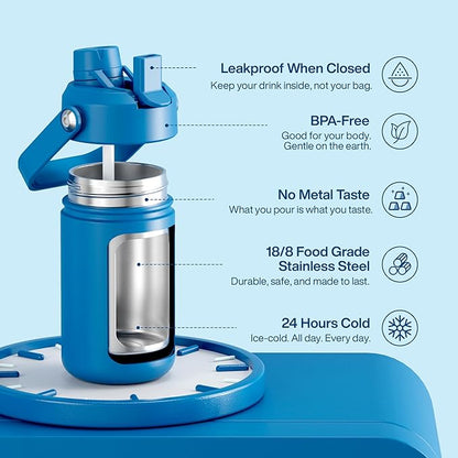 Kids Insualated Water Bottle with Straw - 12oz Stainless Steel Water Bottle with Dual Spouts, Leak-Proof, BPA-Free, Double Wall Vacuum Keeps Cold for 24 Hours for Sports, Travel, School (Celtic Blue)