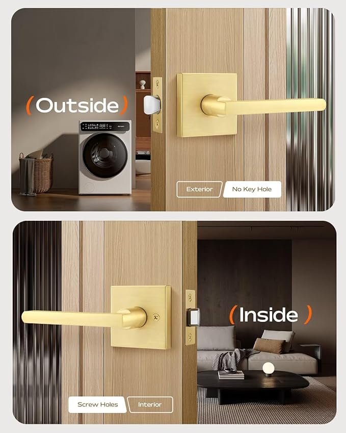 Leydebong 3 Pack Passage Door Levers Square Hall Closet Handles, Heavy Duty Interior Non-Locking Lever Sets, Reversible for Right & Left Side, Satin Brass Finish