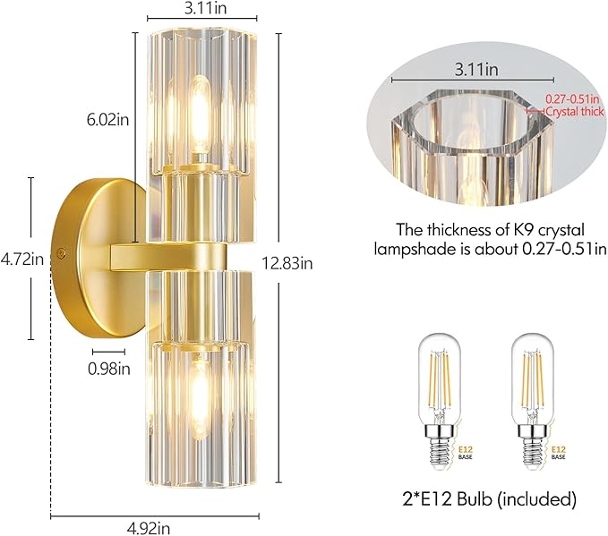 Modern Gold Wall Sconces Set of Two Bedroom Crystal Wall Sconces Indoor Sconces Wall Lighting Living Room Sconces with K9 Crystal Lampshade for Bathroom Hallway Entryway Stairway