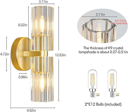 Modern Gold Wall Sconces Set of Two Bedroom Crystal Wall Sconces Indoor Sconces Wall Lighting Living Room Sconces with K9 Crystal Lampshade for Bathroom Hallway Entryway Stairway