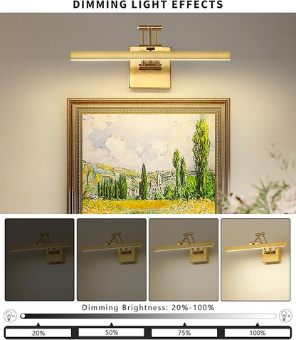 Hard-Wired Picture Light Dimmable LED Picture Lights for Paintings 15.7" Inch Brass Metal Body Wall Pictures with Adjustable Gold Swing Arm Art Display Lamps 7W 3000K Warm White Book Light
