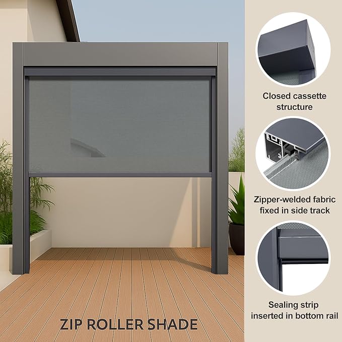 ZSHINE Hard-Wired Outdoor Weatherproof Motorized Patio Roller Shades Remote Control for Porch Balcony Customized Size (Grey 5% Openness)