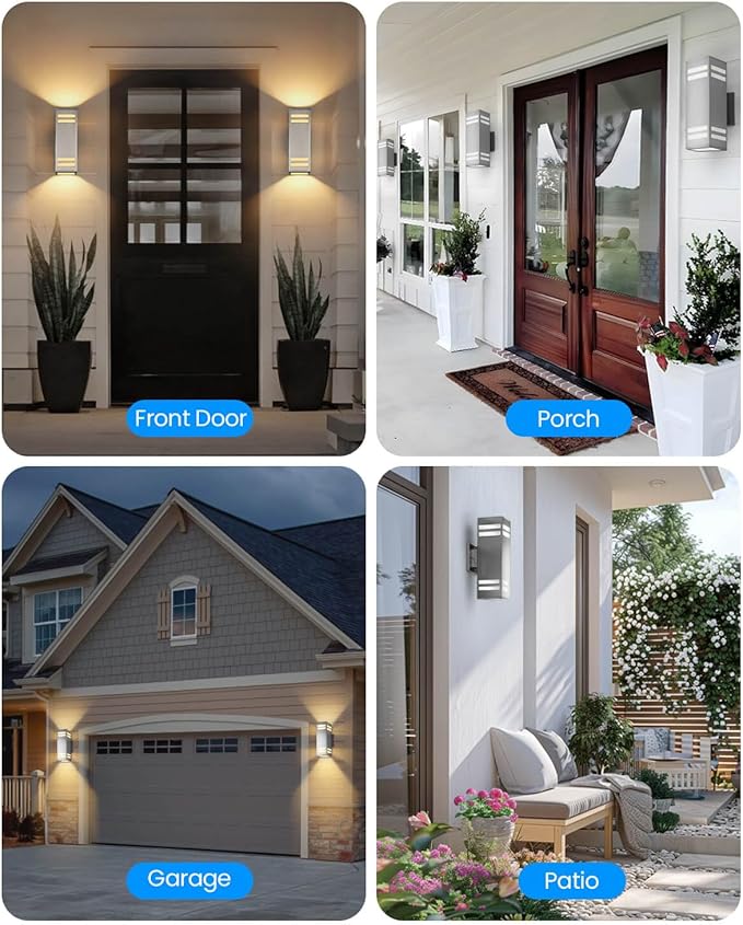 KIZON Modern Dusk to Dawn Outdoor Wall Light, Stainless Steel Up and Down Sconce with E26 Base, Includes 3000K Bulbs, Waterproof Exterior Lighting Fixture for House Porch Garage Entryway