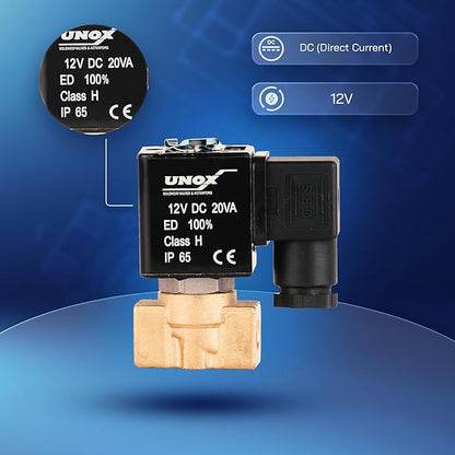 UNOX 1/8" NPT Solenoid Valve 12V DC, Brass Control Valve Normally Closed - 0-232 PSI Multi-Purpose Reliable Control Valve for Water, Air, and Gas - Solenoid Valves