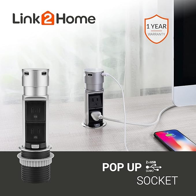 Link2Home 2 Pack Space Saver Pop Up Outlet Station with USB, 2 Power Outlets 15A, 2 USB Ports 2.4A Fast Charge Splash Resistant, Stainless-Steel Finish, for Kitchen Island, Office Table and Workshop