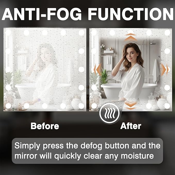 48x36 Hollywood Lighted Mirrors for Bathroom Wall, Smart Mirror for Bathroom with Dimmable LED Bulbs, 3 Color Temperatures, No Fog Mirror, Tempered Glass, Memory, Horizontal/Vertical