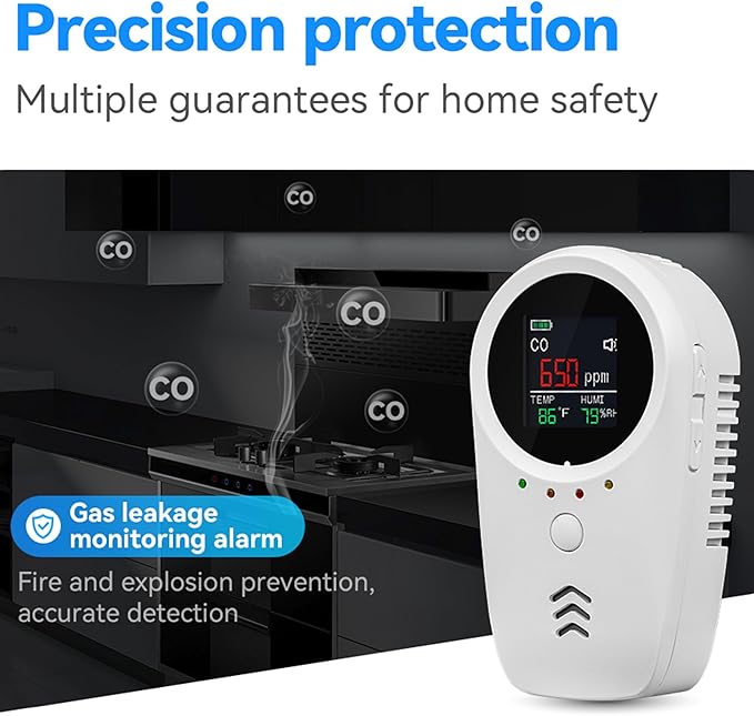 5PCS 5-in-1 Rechargeable Carbon Monoxide & Natural Gas Detectors with Temperature/Humidity LCD Display & 2000mAh Lithium-ion Battery, Portable Plug in Co Detector for Home Travel RV Essentials