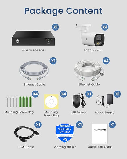 8CH Home Security Camera System, 8 Ports 4K NVR with 2TB HDD, 4 x 5MP Outdoor PoE IP Cameras, Person/Vehicle Detection, 2-Way Audio, Color Night Vision, Spotlight Siren, 24/7 Recording