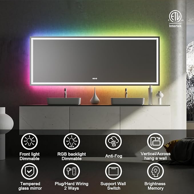 96x36 Inch RGB LED Bathroom Mirror with Lights, Color Changing RGB Backlit LED Mirror for Bathroom,Lighted Vanity Mirrors for Bathroom Wall, Dimmable, Anti-Fog (RGB Backlit+Front-Lit)