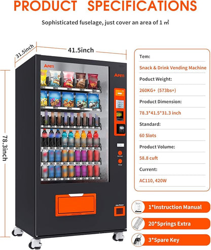 Afen Commercial Snack & Drink Combo Vending Machine, 60 Slot Refrigerated Soda Vending Machine for Business Durable Bulk Supplier, with Bill & Coin Acceptor