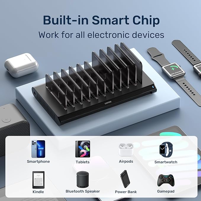Unitek Multi USB Charging Station - 10 Ports Fast iPad Charging Dock with Type-C & 2 QC 3.0 Port, Charger Station Organizer for Multiple Devices Designed for iPhone, Kindle, Android, Tablets