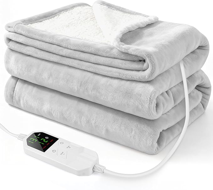 Electric Heated Throw Blanket 50" x 60", Soft Plush Flannel & Sherpa Electric Blanket with 8 Heat Settings, 1-12H Auto-Off, Fast & Even Heating, Machine Washable, Ideal for Home & Office, Light Gray
