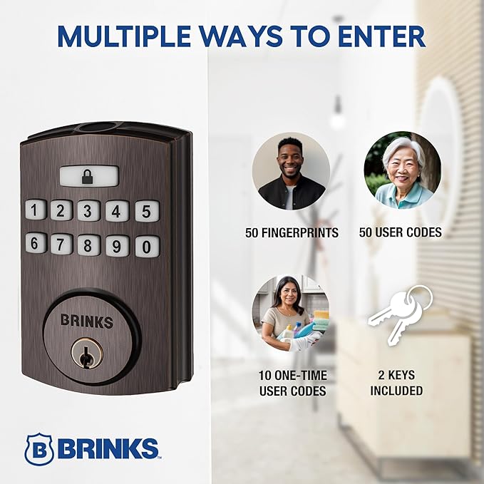 BRINKS Security Door Locks, High-Security Keyless Entry, Smart Electronic Door Lock with Deadbolt, Up to 50 Codes, Automatic Locking (Deadbolt & Passage Lever, Tuscan Bronze)