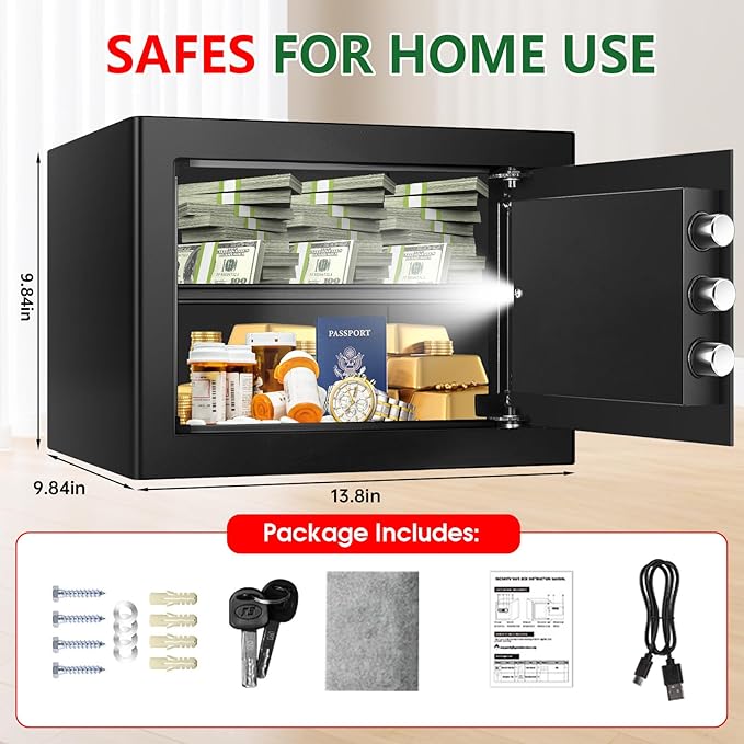 1.3 Cubic Feet Small Fire Safe Box for Home, Fireproof Safety Lock Box with Digital Keypad, Spare Keys and Removable Shelf, Personal Security Home Safes for Money, Jewelry, ID Documents