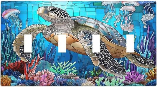Light Switch Covers Nautical Sea Turtle Coral Jellyfish Quad Toggle Electrical Faceplate 4 Gang Wall Plate Decorative Switch Plates For Kids Room Nursery Decor