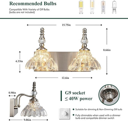 Vintage Bathroom Vanity Light, 2-Light Brushed Nickel Vanity Lighting Fixture with Flower Glass Shade, Bathroom Lighting Fixtures Over Mirror