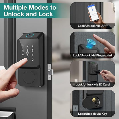 Smart Door Lock Keyless Entry with TTLock APP Fingerprint Touchscreen Keypad IC Card Key Type-C Charging Unlocking 6 in 1 Electric Biometric Digital Deadbolt for Front Doors Home Apartment