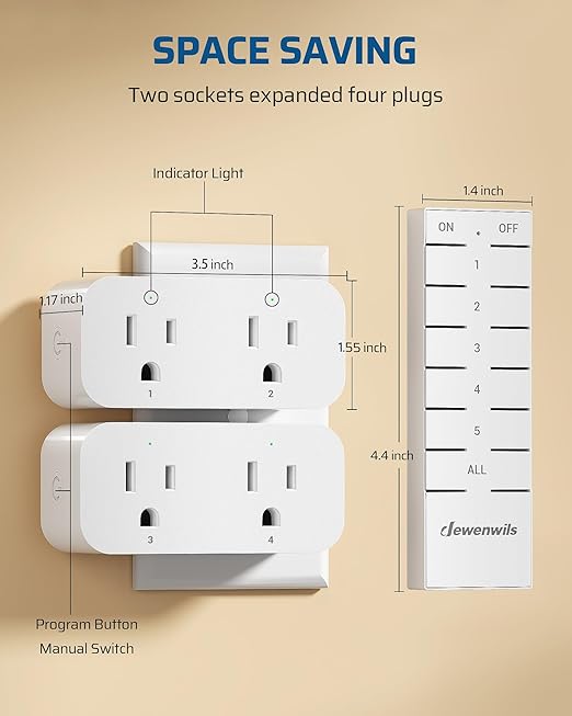DEWENWILS Remote Control Outlet, Indoor Remote Outlet 2 Pack with 4 Independent Control & 1 All Control, Remote Outlet Switch for Lamp, Fan, Vacs, Christmas Light, 100FT Range, 15A/1875W