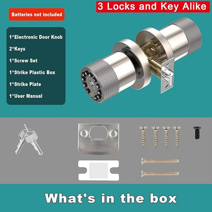 Keypad Door Knob with Key,Keyless Entry Door Lock, Code Locks Door Knob, Auto Lock,50 User Code,Easy to Install,for Home,Office,Hotel,Bedroom,Garage,No Deadbolt(3 Pack Nickel Key Alike)