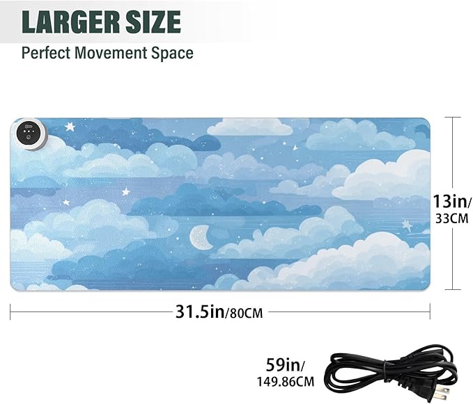 Heated Desk Pad Mouse Pad 31.5x13 Inch PU Leather Desk Mat with 3 Heat Levels Large Mouse Gaming Computer Laptop Mat Blue Gradient Cloud and Stars