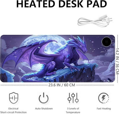 Heated Mouse Pad with 3 Levels Heated & 3 Hours Auto Shut-Off Mouse Pad for Warming Hands in Office Home, 23.6" x 14.2"Large Safe Desk Mat Hand Warmer，Angry Flying Dragon