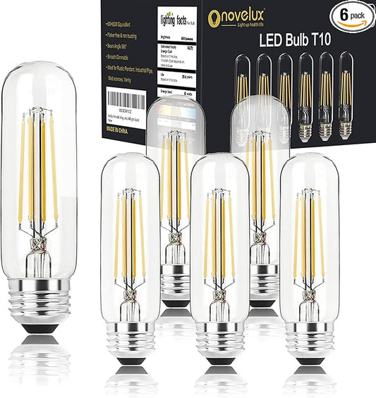 5 Inch Edison Bulb, 5000K Daylight White E26 Bulb 6W Dimmable, 800LM T10 T9 Clear Glass Tubular Light Bulbs, AC 120V Equal 80 Watt Bulbs for Chandelier Pendant Wall Light - 6Pack