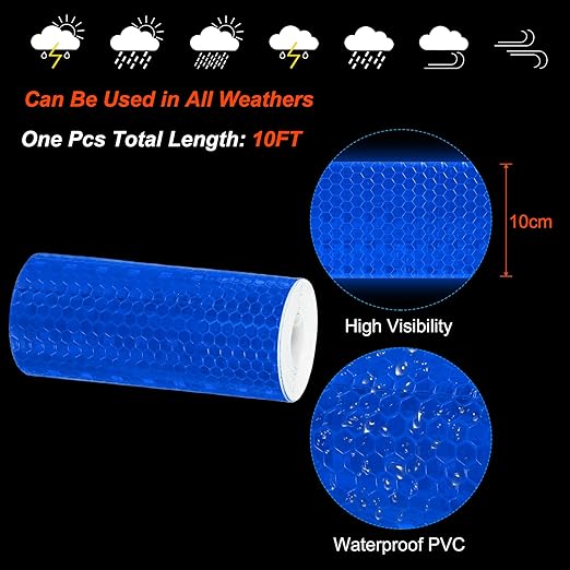 PATIKIL 4 Inch x 10 ft Reflective Tape, 1 Roll Waterproof Self Adhesive High Visibility Caution Warning Safety Tape Reflector with Scraper for Trucks Trailers Cars, Blue