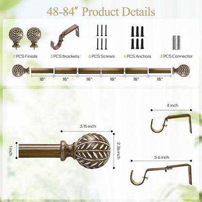 Boho Wooden Curtain Rods for Windows 48 to 84 Inches(4-7 ft), Adjustable Heavy-Duty 1" Diameter Drapery Rod with Imitation Wood-Grain Leaf-Pattern Finials - for Living Room & Bedroom，36-88''