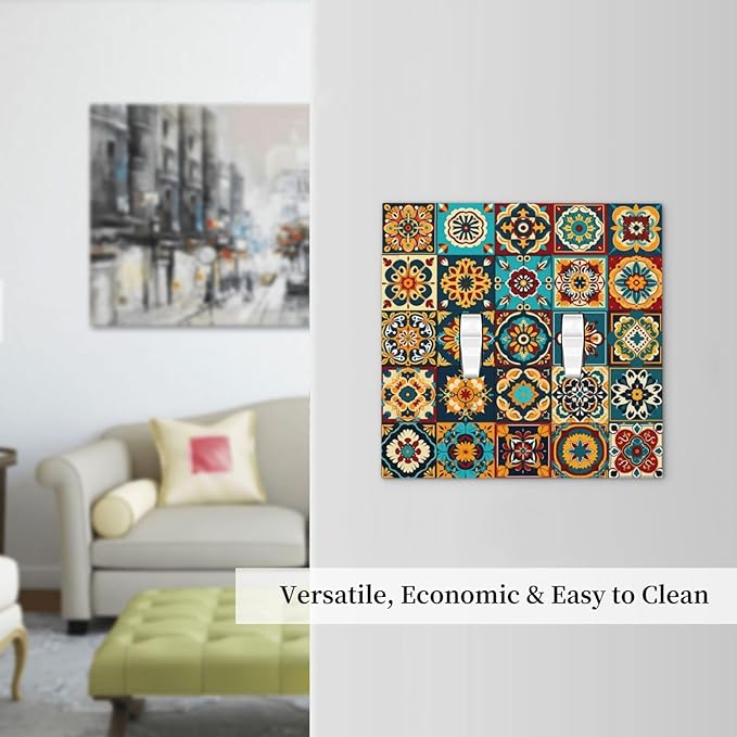 Mexican Talavera Ceramic Tile Moroccan Boho Decorative Switch Plates 2 Gang Double Toggle Outlet Light Switch Cover Wall Plate Electrical Faceplate for Bathroom Kitchen Decor