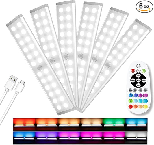 Diomart Under Cabinet Lights, Rechargeable Motion Sensor Light Indoor Night Lights, 58 LED Wireless Under Counter Lighting with Remote Control for Kitchen, Wardrobe, Hallway, Stairs (6 Pcs)